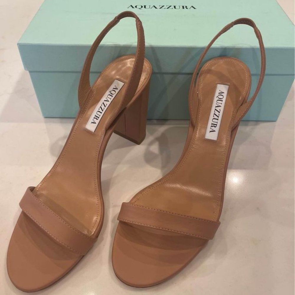 Aquazzura Nude Tan Leather Slingback Block Heel Sandals